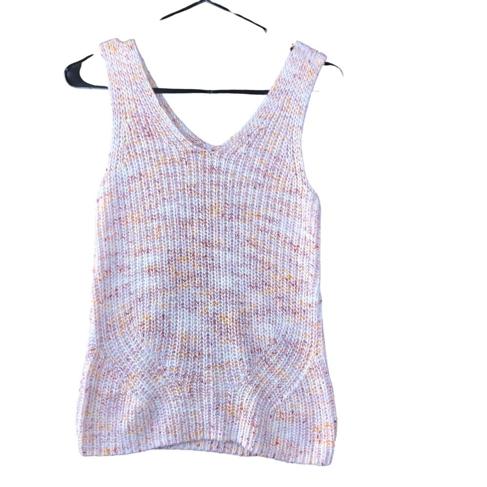 Loft Womens Sweater White Multicolored Knitted Double V Neck Sleeveless XS